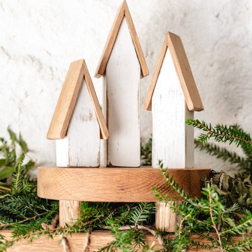Wood Village Houses Winter Decor | set of 3